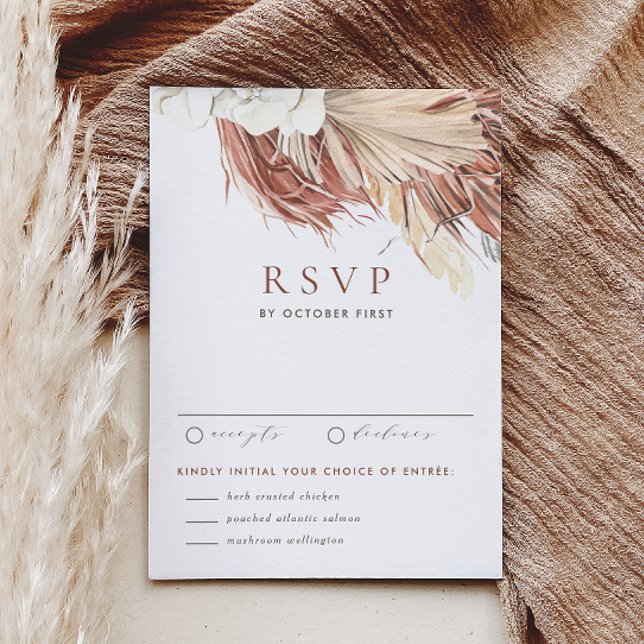 Cartons Réponse Boho White Orchids et séché Palm Feuille Mariage (This RSVP card features watercolor florals including pampas grass, dried palm leaves, and orchids.)