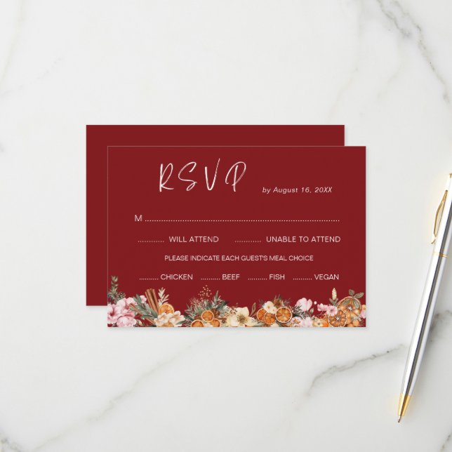 Cartons Réponse Boho Winter Holiday Burgundy Mariage QR Code (Devant/Arrière en situation)