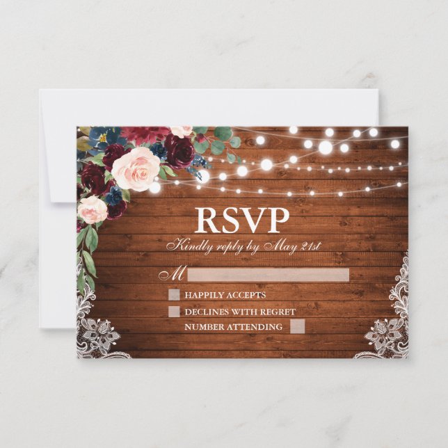 Cartons Réponse Bois rustique Bourgogne bleu Mariage Floral (Devant)