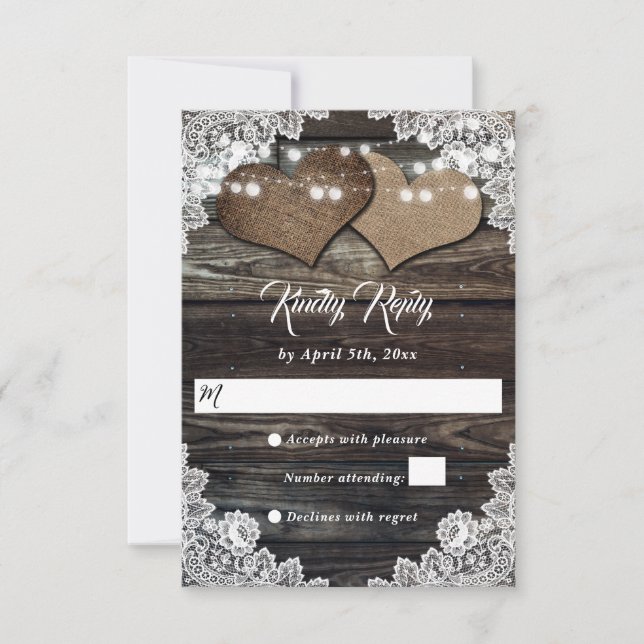 Cartons Réponse Bois rustique Coeurs de campagne Mariage de dentel (Devant)