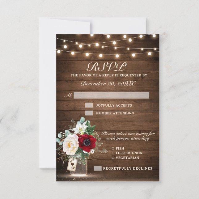Cartons Réponse Bois rustique éclaire le Mariage Floral Bourgogne (Devant)
