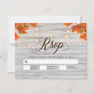 Cartons Réponse Bois rustique Feuilles Chaîne Lumières Mariage RSV