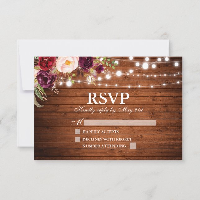 Cartons Réponse Bois rustique illumine Mariage Floral Bourgogne (Devant)