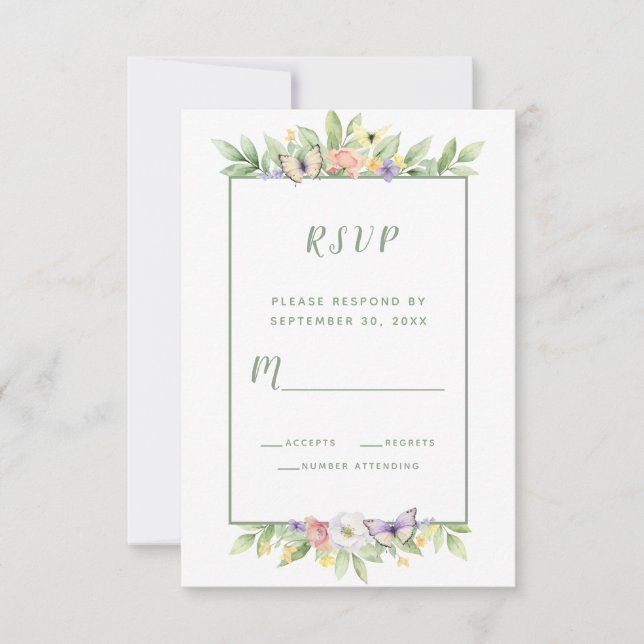 Cartons Réponse Boîtier Mariage de papillons Floraux Aquarelle (Devant)