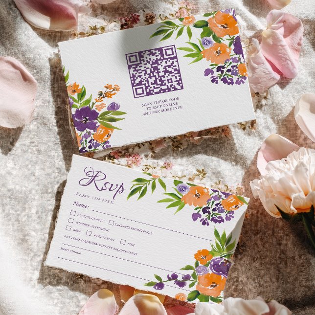 Cartons Réponse Bold Orange and Purple Floral QR Code Wedding (Bold Orange and Purple Floral QR Code Wedding RSVP Card)