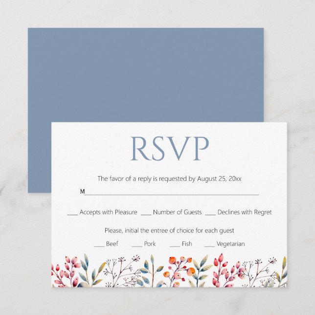 Cartons Réponse Bordure de feuilles et de baies mariage bleu pouss (Devant / Derrière)