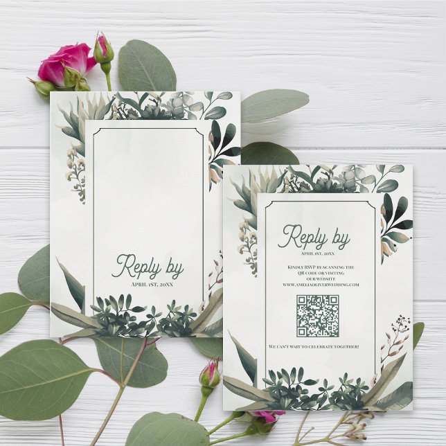Cartons Réponse Botanical Sage Green QR Code Greenery Wedding (Elegant Botanical Greenery Wedding RSVP Card with QR Code | Sage Green Garden Wedding Response)