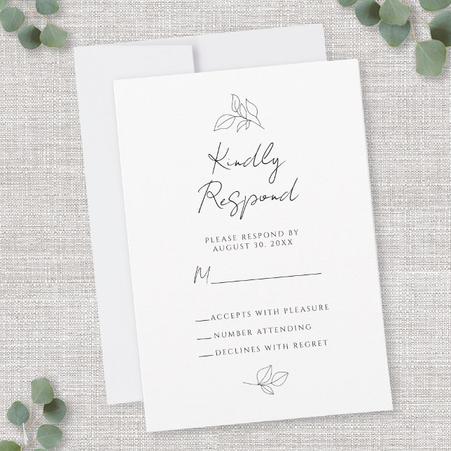 Cartons Réponse Botanique mariage Feuille noir & blanc (Wedding Botanical Leaves Black & White Enclosure RSVP Card)