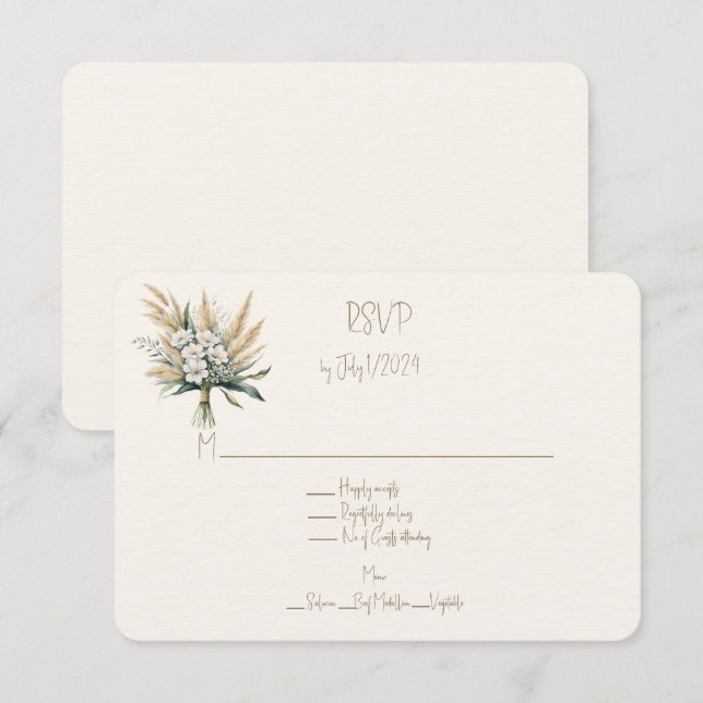 Cartons Réponse Bouquet de Mariage de laiton blanc et de Pampas (Devant / Derrière)