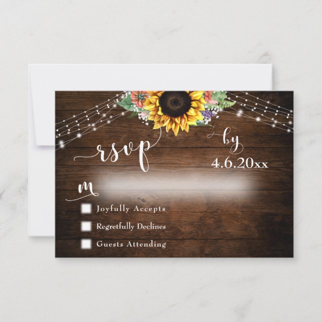 Cartons Réponse Bouquet de tournesol en bois rustique & Mariage lu (Devant)