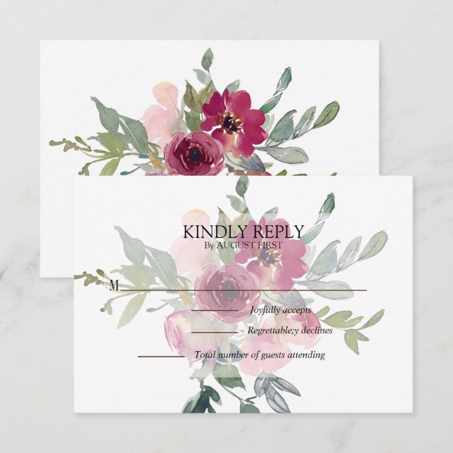 Cartons Réponse Bouquet floral Bourgogne & Blush Mariage (Devant / Derrière)