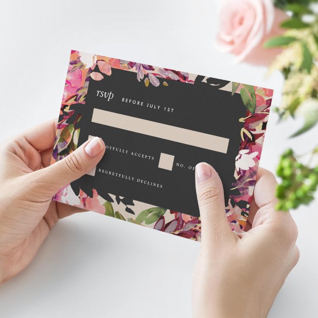 Cartons Réponse Bouquet romantique Hot Pink Black Gold Mariage (Créateur téléchargé)