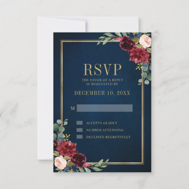 Cartons Réponse Bourgogne Floral Gold Frame Marine Blue Mariage (Devant)