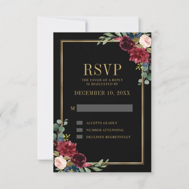 Cartons Réponse Bourgogne Floral Gold Frame Marine Blue Wedding RS (Devant)