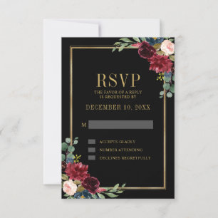 Cartons Réponse Bourgogne Floral Gold Frame Marine Blue Wedding RS