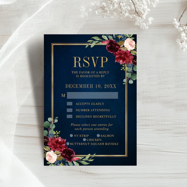 Cartons Réponse Bourgogne Floral Gold Frame Marine Blue Wedding RS (Burgundy Floral Gold Frame Navy Blue Wedding RSVP )