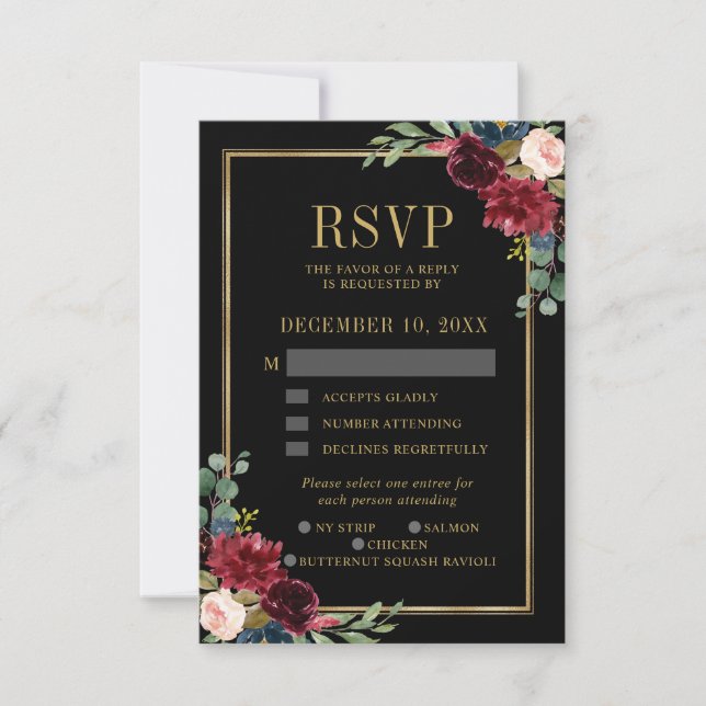 Cartons Réponse Bourgogne Floral Gold Frame Marine Blue Wedding RS (Devant)