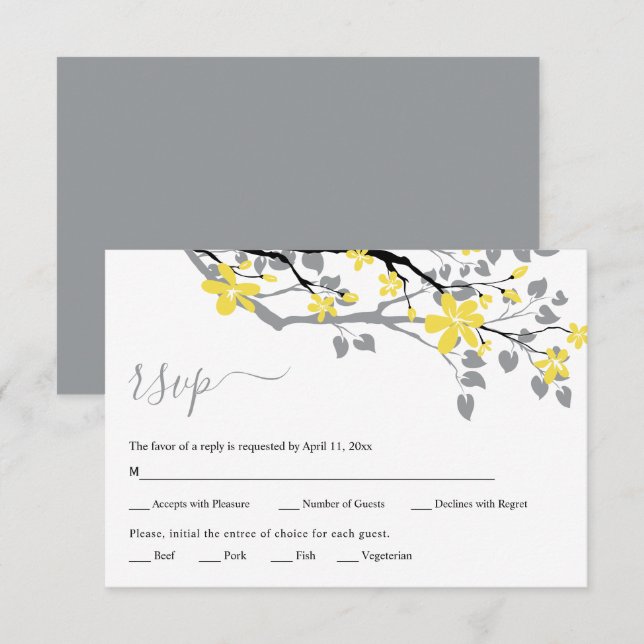 Cartons Réponse Branche grise avec fleurs jaunes mariage floral (Devant / Derrière)