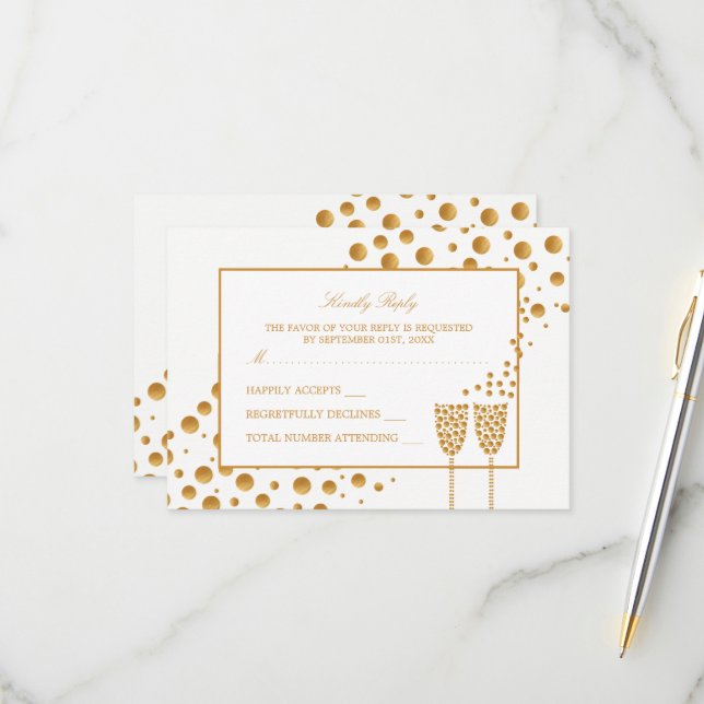 Cartons Réponse Bulles de Champagne Doré Mariage (Devant/Arrière en situation)