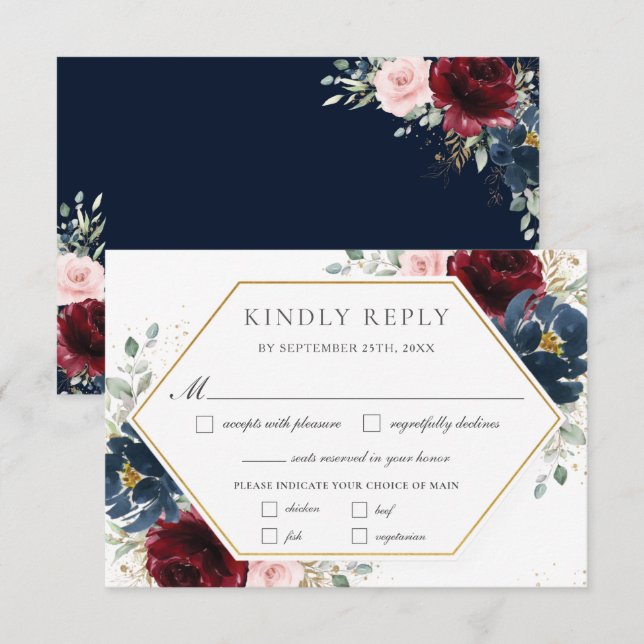 Cartons Réponse Burgundy Blush Blue Floral Greenery Repas Mariage (Devant / Derrière)