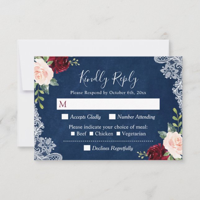Cartons Réponse Burgundy Blush Floral Lace Marine Blue Wedding RSV (Devant)