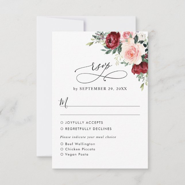 Cartons Réponse Burgundy Blush Floral Mariage Options de repas (Devant)