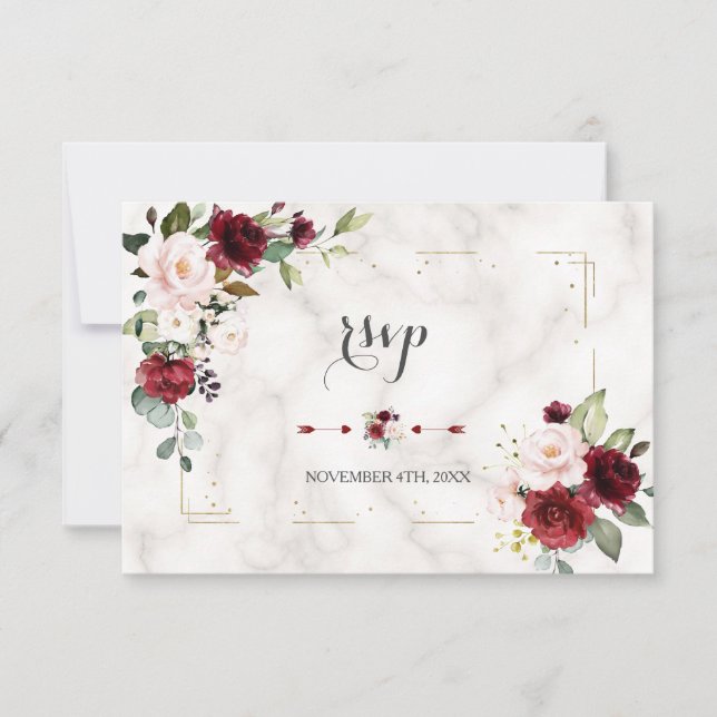 Cartons Réponse Burgundy Blush Floral Parties scintillant en marbr (Devant)