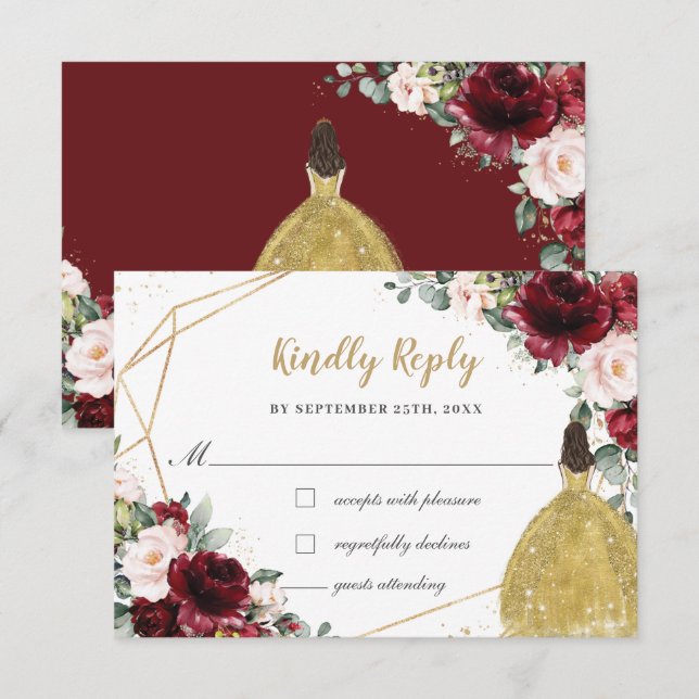 Cartons Réponse Burgundy Blush Floral Quinceañera Gold Princess (Devant / Derrière)