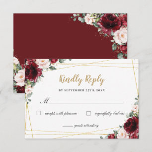 Cartons Réponse Burgundy Blush Floral Rose Gold Quinceañera Répons