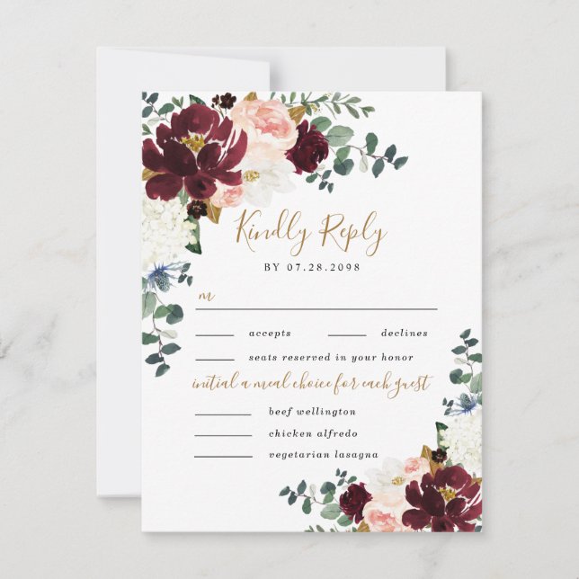Cartons Réponse Burgundy Blush Gold Trois 3 repas Choice Mariage (Devant)