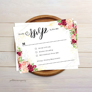 Cartons Réponse Burgundy Floral Gold Polygonal Geometric Wedding