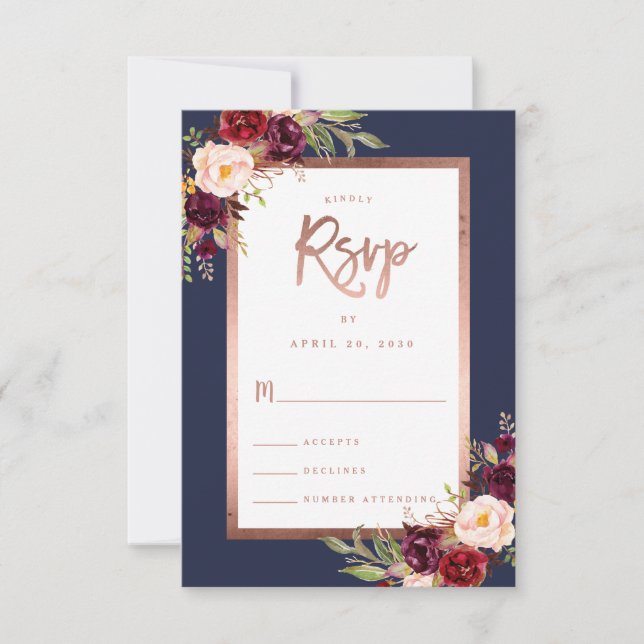 Cartons Réponse Burgundy Floral Navy Blue Rose Gold Script Mariage (Devant)