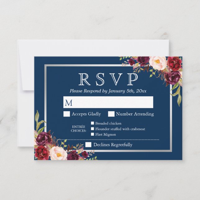 Cartons Réponse Burgundy Floral Silver Navy Blue Repas Options RSV (Devant)