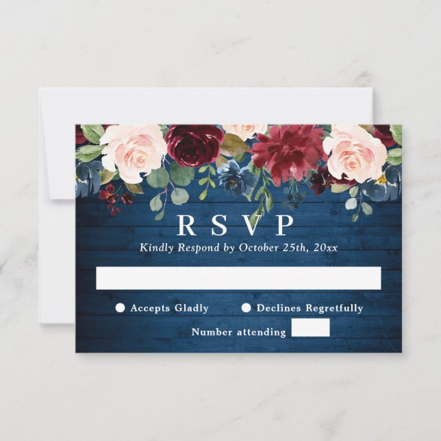 Cartons Réponse Burgundy Marine Bleu Aquarelle Bleu Mariage Floral (Devant)