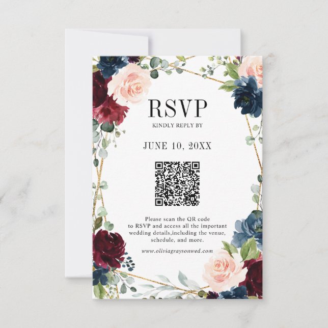 Cartons Réponse Burgundy Navy Blush Boho Mariage géométrique QR Co (Devant)
