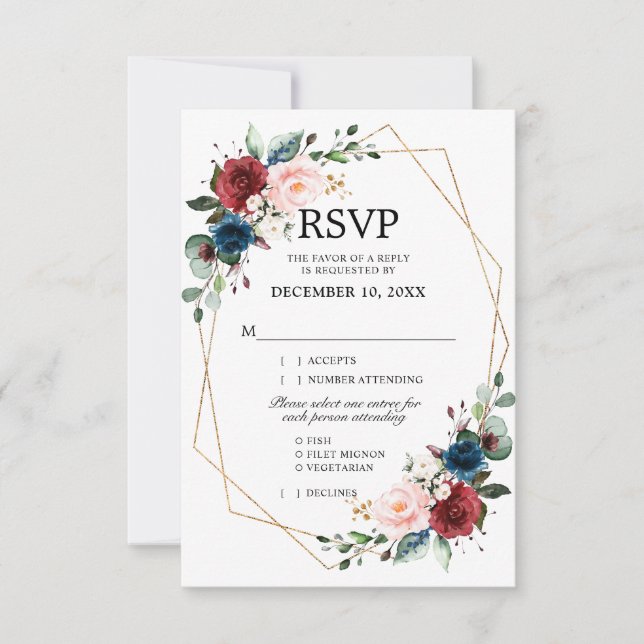 Cartons Réponse Burgundy Navy Blush Floral Gold Mariage géométriqu (Devant)
