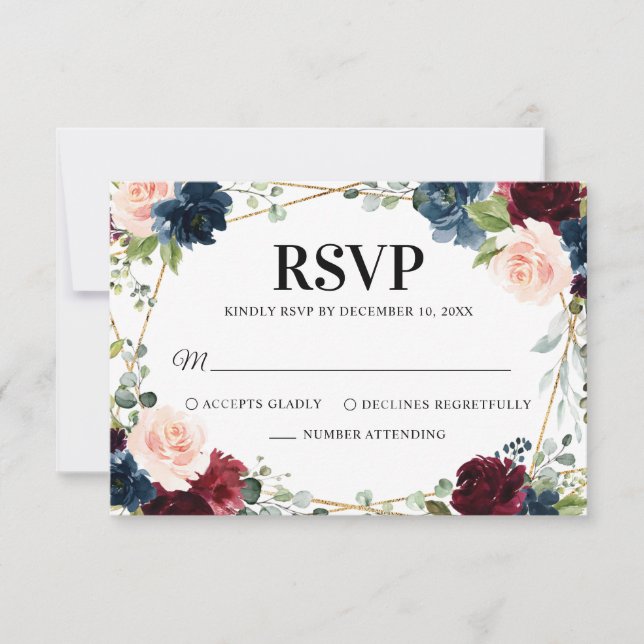 Cartons Réponse Burgundy Navy Blush Floral Mariage géométrique (Devant)