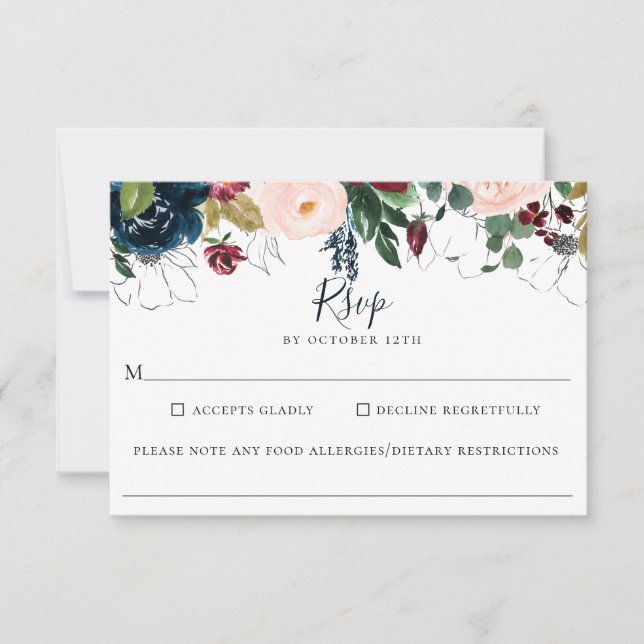 Cartons Réponse Burgundy Navy Floral Mariage Allergie alimentaire  (Devant)