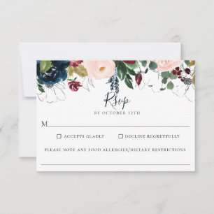 Cartons Réponse Burgundy Navy Floral Mariage Allergie alimentaire 