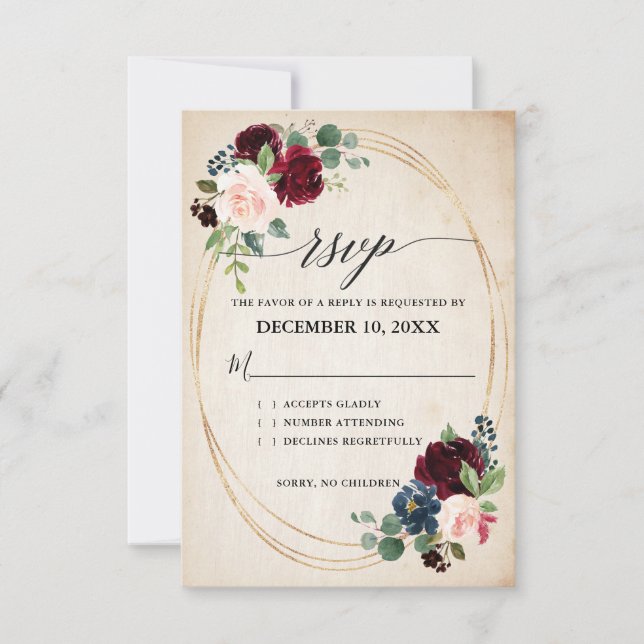 Cartons Réponse Burgundy Navy Floral Russe Boho Mariage campagnard (Devant)