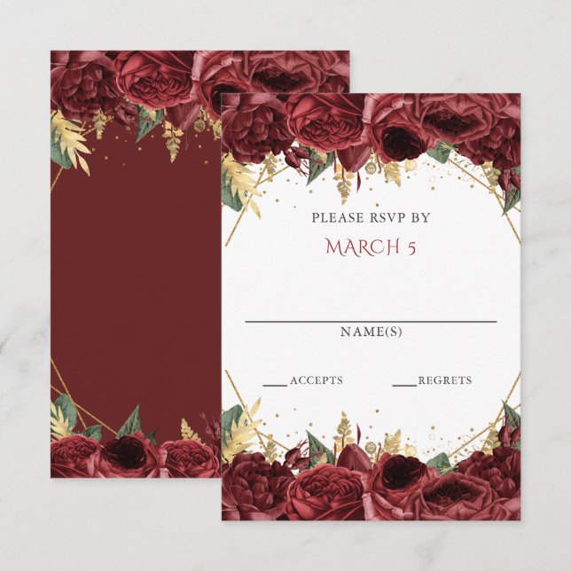 Cartons Réponse Burgundy Or Floral Quinceanera  (Devant / Derrière)