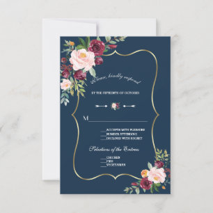 Cartons Réponse Burgundy rose Floral or Mariage bleu marine