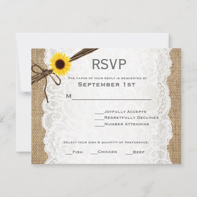 Cartons Réponse Burlap rustique, tournesol et mariage dentelle car (Devant)
