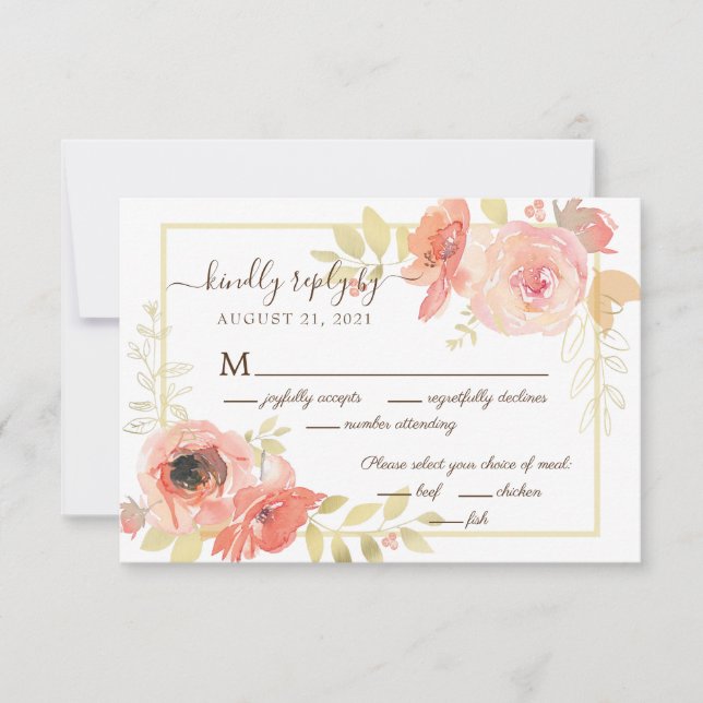 Cartons Réponse Cadre Floral de Mariage Élégant Rose et Or (Devant)