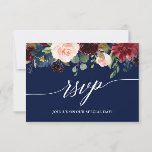 Cartons Réponse Calligraphie Bourgogne Floral Mariage Bleu