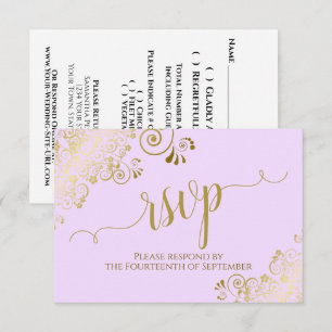 Cartons Réponse Calligraphie dorée élégante sur mariage lilas viol