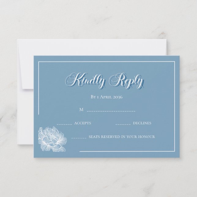 Cartons Réponse Calligraphy Dusty Blue White Floral Wedding  (Devant)