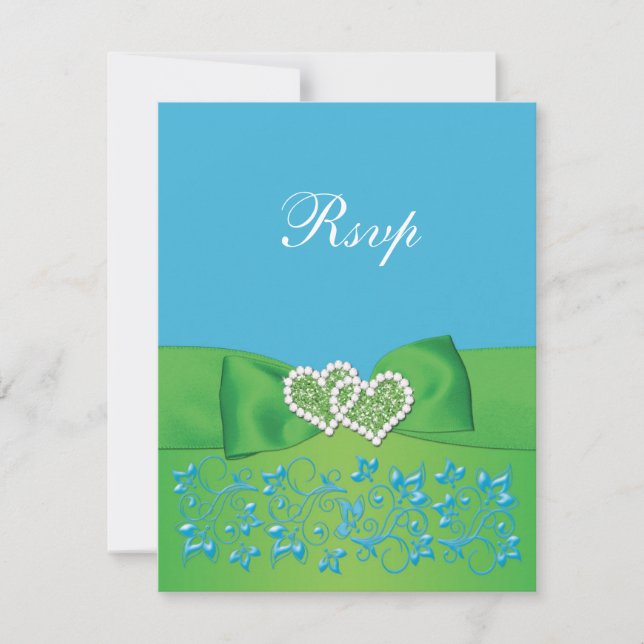 CARTONS RÉPONSE CARTE-RÉPONSE RUBAN IMPRIMÉ CŒURS FLORAUX BLEU VER (Devant)