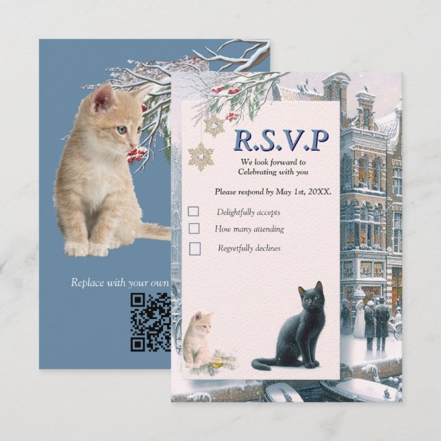 Cartons Réponse Célébrations d'hiver dans la neige, avec Kittens (Devant / Derrière)
