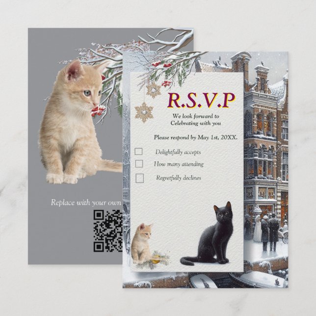 Cartons Réponse Célébrations d'hiver dans la neige, avec Kittens (Devant / Derrière)